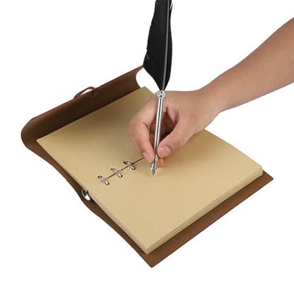 Quill Pen and Ink Set,Intage Calligraphy Feather Dip Pen Ink Leather Notebook Set,Including Feather Pen, Pen Nib Base, Notebook,Ink,Stationery Box for Him Men Dad (Black)