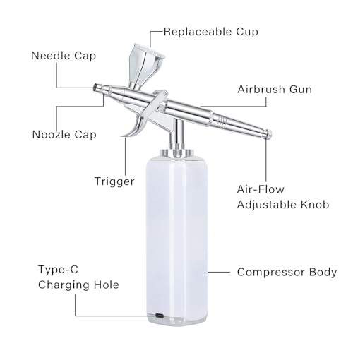 high air Flow Cordless Airbrush Kit, Wireless Portable Air Brush Compressor, Rechargeable Mini Air Brush, Handheld Airbrush Gun for Barber, Model Painting, Nail Art, Makeup, Tattoo (White) - color: white