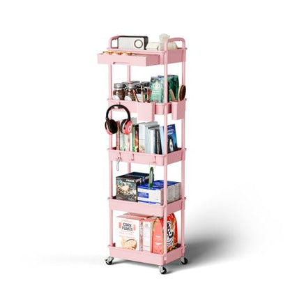 Sorgion 5 Tier Rolling Cart Organizer,Bathroom Cart Organizers with Wheels Laundry Room Organization Mobile Shelving Unit Utility Cart Storage Shelves Multi-Functional for Office, Home(Pink) - size: 5Tier-Pink