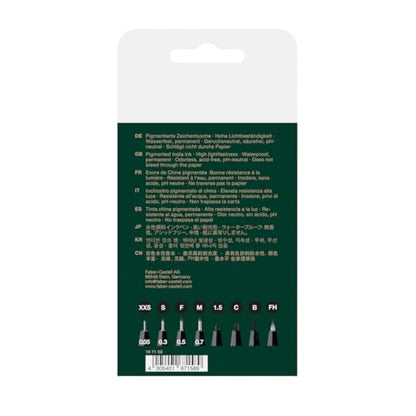 Faber-Castell PITT Artist Pen India Ink Pen - wallet of 8 - colour 199 black - XXS, S, F, M, B, C, 1.5, Fude Hard, (167158) - size: 8 Count (Pack of 1)