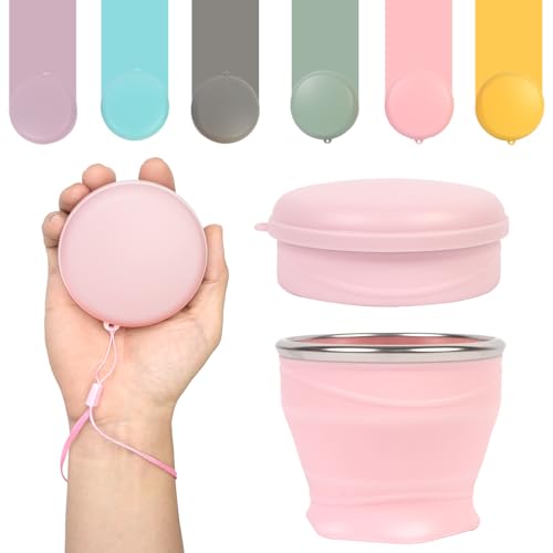 Collapsible Cup with Lid - 6oz Mini Silicone Folding Travel Cup with Steel Rim - BPA Free Small Portable Pocket Cup for Camping, Hiking, Kids, Mouthwash & Pills (Sakura Pink) - color: Sakura Pink
