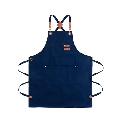 Chef Aprons for Men Canvas Apron with Large Pockets and Adjustable Neck Strap for Cooking,BBQ, Gardening - color: Blue
