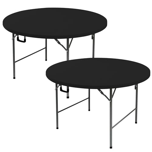 Round Fitted Tablecloth with Elastic-Black Spandex Table Covers 60 Inch | 2 Pack Spandex Stretch Windproof Washable Round Folding Banquet Tablecloths 5ft-Party Event Outdoor Wedding Trade Show Dining - color: Black, size: 60'' Round | 2 Pack