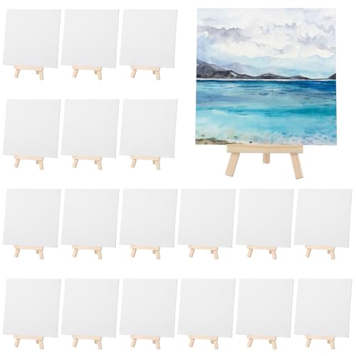 Motimind 36 Pcs 6 x 6 Mini Canvas and 8" Easel Set Bulk for Paint Party | Painting Art Crafts for Back to School Classroom Birthday Valentine Christmas Mother's Day End of School Year Gifts - size: 6 x 6 Inch