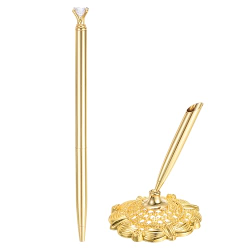 PATIKIL Hollow Round Pen Holder Signing Pen Set, Wedding Pen with Crystal Diamond and Pen Holder for Wedding Guests Book Engagement Opening Ceremony, Gold Tone - color: Gold Tone