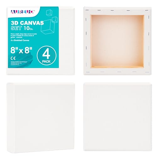AUREUO 8x8 Inch Gallery Wrapped Canvas - 1.5 Inch Depth 4 Pack - 10 Oz Triple Gesso Primed 100% Cotton Square White Artist Canvases for Acrylic & Oil Paints - size: 8"x8" Gallery