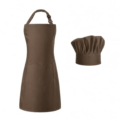 Tosewever Chef Apron Hat Set for Women and Men, Adjustable Bib Apron with 2 Pockets Costume Apron for Father Kitchen Cooking - color: Brown