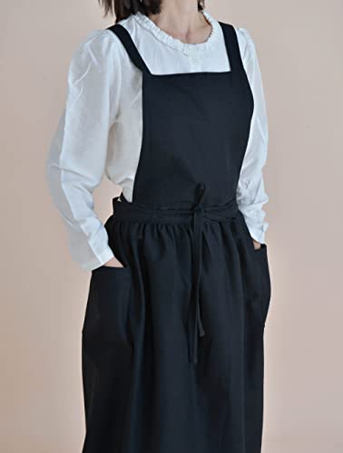 VLZUFE Women Cotton Linen Cross Back Apron with Pockets for Gardening Works Pinafore Dress Black - color: Black