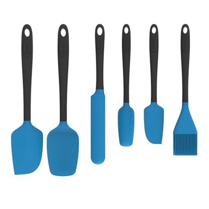 Silicone Spatula Set, 6 Pieces Food Grade Kitchen Utensils with Silicone Brush Heat Resistant Dishwasher Safe BPA-free Rubber Spatula for Scraping, Baking, Cooking, Mixing (Blue) - color: Blue