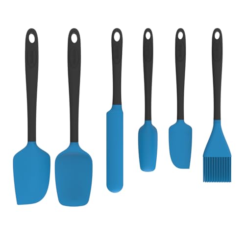 Silicone Spatula Set, 6 Pieces Food Grade Kitchen Utensils with Silicone Brush Heat Resistant Dishwasher Safe BPA-free Rubber Spatula for Scraping, Baking, Cooking, Mixing (Blue) - color: Blue