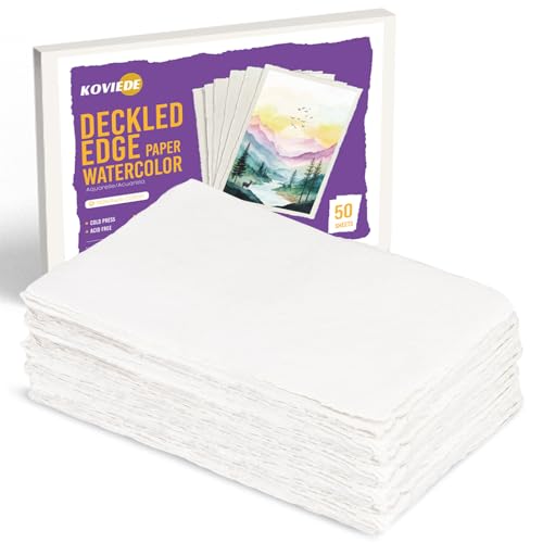 KOVIEDE Handmade Watercolor Paper 6x8 Inch, 140LB/300 GSM 100% Cotton Deckled Edge Paper, 50 Sheets Thick Textured Rough Mixed Media Paper for Postcards Wedding Invitations Arts Gifts - color: 6x8, size: 50 Sheets