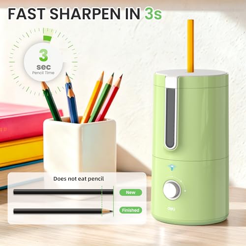 deli Electric Pencil Sharpener, Fully Automatic Pencil Sharpener | for 6.9-8mm Pencils, 5 Sharpness Modes, Rechargeable Hands-Free Sharpener for Classroom Home Office,Green - color: Green
