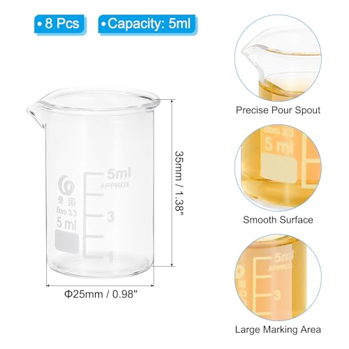 PATIKIL 5ml Low Form Measuring Cup, 8 Pcs 3.3 Borosilicate Glass Beaker Graduated Measuring Pitcher with Spout for Lab Experiment, Cooking and Baking, Clear