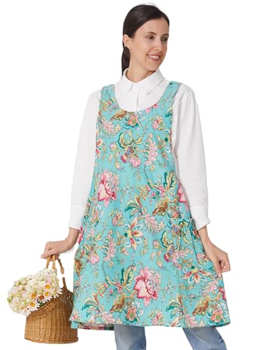 Cozy Adjustable Cross Back Aprons for Women with Pockets Cotton Linen Cooking Kitchen Baking - color: Noble Flowers