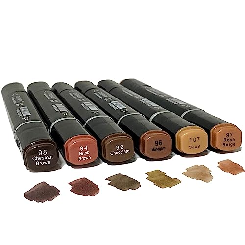Arhomet 6 Pack Skin Tone Brown Alcohol Markers, Double Tipped Soft Fine Tips and Brush Permanent Art Markers for Drawing Sketching Coloring (Deep Skin Tone) - color: Deep Skin Tone