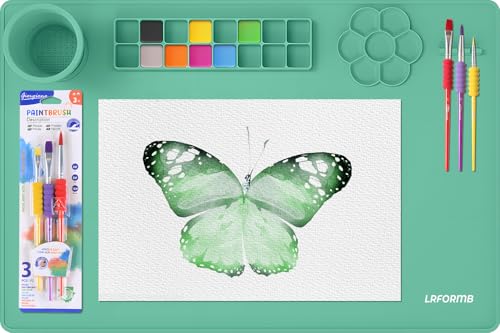 Silicone Painting Mat, 23.6x15.8in Art Drawing Mat with Brushes | For children DIY art watercolor clay use, table protection craft mat, painting station with cup palette cleaning cup, green - color: Green