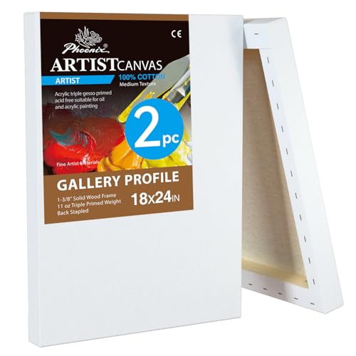 PHOENIX 18x24 Inch 2 Pack Gallery Canvas - 1.5 in Thick Large Canvases for Painting - Deep Edge 100% Cotton 11 Oz. Gesso Primed White Blank Professional Canvas Oil & Acrylic Paints - size: 18"x24", style: Gallery