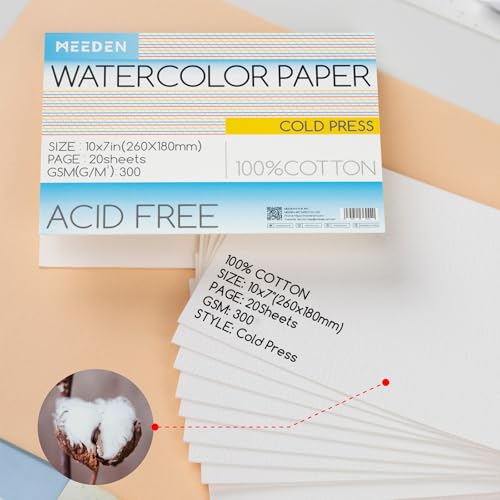 MEEDEN Cotton Watercolor Paper Block: 10" x 7" Cold Pressed of 20 Sheets | 140lb/300gsm 100% Cotton Watercolor Paper Pad, Acid-free Art Paper for Painting, Drawing, Watercolor, Gouache, Ink and More - color: Cold Press, size: 10×7"
