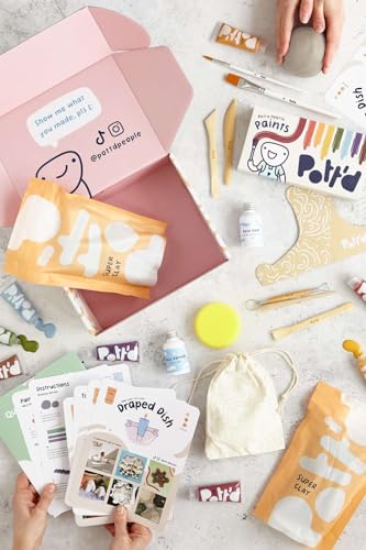 Pott'd Pottery Kit, Air Dry Clay Kit for Adults & Beginners | At Home Pottery Making Kit with Air Dry Clay, Tools, Paints, Brushes, Sealant and Step-by-Step Guide - style: Retro Paints