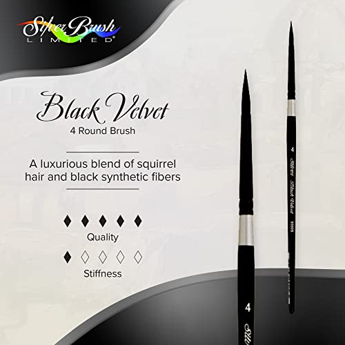 Silver Brush Limited Black Velvet Round Watercolor Paintbrush, Size 4 | Gouache, Inks, Dyes, Short Handle, Pointed Bristle, Soft Synthetic and Squirrel Mix, Superb Paint Absorbency, Smooth Strokes - size: 4