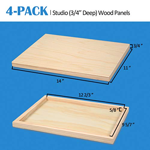 4 Pack 11x14’’ Unfinished Birch Wood Panels Kit for Painting | Studio 3/4’’ Deep Wooden Canvas, Cradle Boards for Acrylic Pouring, Encaustic, Crafts, Epoxy Resin, Laser Engraving Cutting - size: 11'' x 14'' Studio