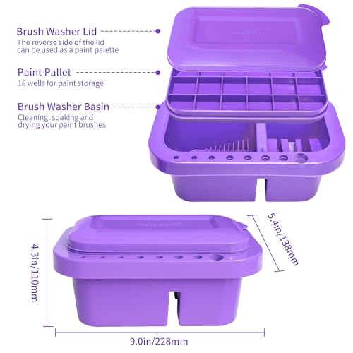 MyLifeUNIT Paint Brush Cleaner, Paint Brush Holder with Palette, Purple | 18 mixing wells, 16 slots fitting 0.24-0.63 in diameters, 3 washing compartments, removable tray lid - color: Purple