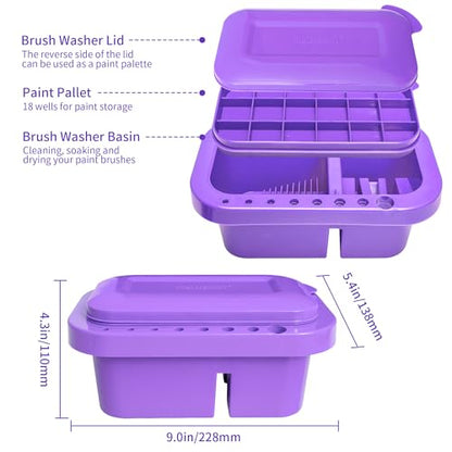 MyLifeUNIT Paint Brush Cleaner, Paint Brush Holder with Palette, Purple | 18 mixing wells, 16 slots fitting 0.24-0.63 in diameters, 3 washing compartments, removable tray lid - color: Purple
