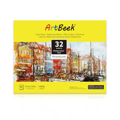 ArtBeek Watercolor Paper Block,11" x 14" Watercolor Block 32 Sheets 100% Cotton Cold Press 140lb/300GSM - size: Cold Press 11x14