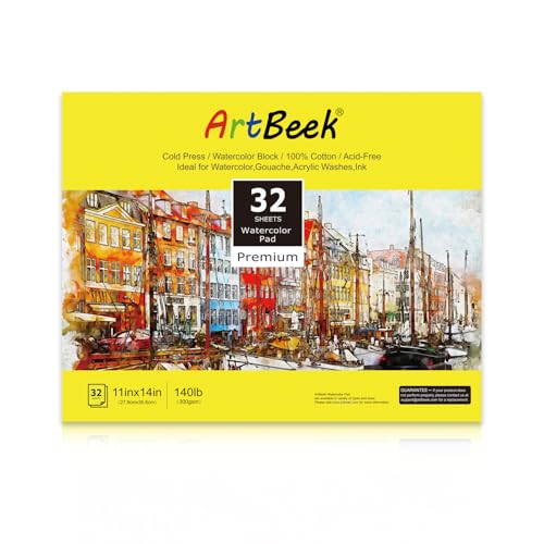 ArtBeek Watercolor Paper Block,11" x 14" Watercolor Block 32 Sheets 100% Cotton Cold Press 140lb/300GSM - size: Cold Press 11x14