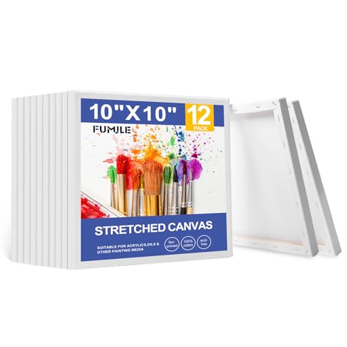 FUMILE Stretched Canvas for Painting 10x10, 12 Pack Square Canvases for Painting-5/8 in Profile Primed White Blank Painting Canvas Value Pack for Oil & Acrylic Paint - size: 10x10 in