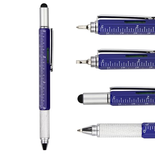 DUNBONG 6-in-1 Multi Tool Pen, Stylus & Screwdriver, 0.7mm Black Ink - Blue | Aluminum prismatic non-slip grip | Rotary no-cap design | Ruler & level built-in | Refillable | Long-lasting clip - color: Blue