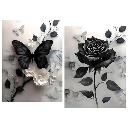 LWZAYS 2 Packs Flower Diamond Art Kits for Adults, 5D Butterfly Full Round Drill Diamond Painting Kits for Beginners, DIY Gothic Diamond Dots Paintings Picture for Home Wall Decor 12 X 16Inch - color: G8871+G9057-US