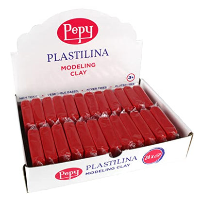 Pepy Plastilina Reusable and Non-Drying Modeling Clay; Set of 24 Bars, 1.4 Ounce Each, Perfect for Arts and Crafts Projects, Red - color: Red