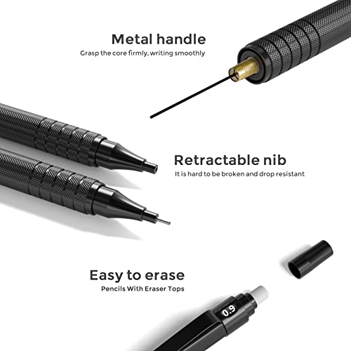 Nicpro 0.9 Metal Mechanical Pencil Set with Case, 3PCS Black MP1000 0.9mm Drafting Pencil, 8 Tubes HB Lead Refills, 3PCS Erasers, Erasers Refills for Artist Writing, Drawing, Sketching | 3PCS MP1000 0.9mm Drafting Pencil, 320PCS HB Lead Refills, 3PCS Eras