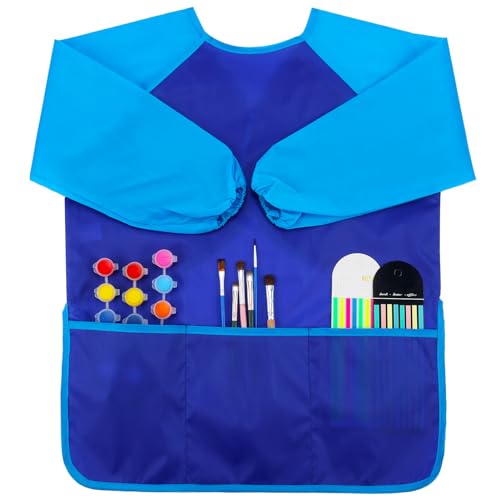 Zkptops Kids Art Smock Waterproof Kids Painting Aprons Toddler Art Smocks Kid Paint Smock with Long Sleeve 3 Roomy Pockets for Age 3-7 Years(Blue) - color: Y 1 Pack Blue