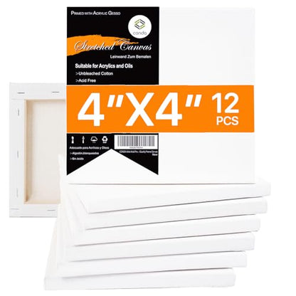 CONDA Mini Stretched Canvas for Painting, 4x4In Canvas in Bulk 12Pack 4/8In Profile Small Square Canvas, 100% Cotton Primed Blank Canvases for Acrylics, Oils Painting, School Projects and Home Decor - size: 4x4 inch