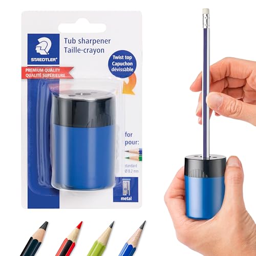 STAEDTLER Pencil Sharpener (1 Pack) with Screw Lid and Tub - No Spill Compact Design for Standard and Colored Pencils, Metal Blade, Assorted Colors | premium quality sharpener with screw-on lid, compact size for pencil case and work-station, 511 63BK - si