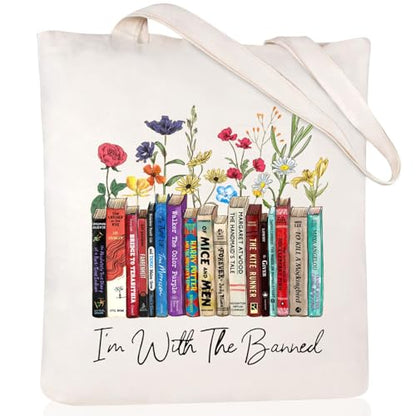Canvas Aesthetic Tote Bag for Women with Inner Pocket Totes Shoulder Book Bag Shopping Reusable Grocery Bags - color: I'm With the Banned Tote Bag