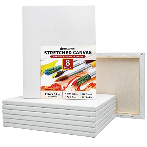 NEXCOVER Stretched Canvas - 8 Pack 11x14 Inch, 5/8" Profile Thick Pinewood Frame, Blank White Painting Canvas for Acrylic Oil Tempera Gouache Paint, for Beginners Kids Students Artists DIY Craft/Decor - size: 11"x14"-8Pack