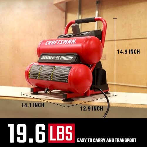 Craftsman 2-Gallon Air Compressor, 1/3 HP Oil-Free Twin Tank, 125 PSI | Lightweight, Home DIY, Tire Inflation, Spray Painting, Oil-free, Low Maintenance, Quiet Operation, 0.5 CFM @ 90PSI
