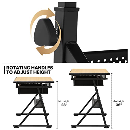 39‘’ Adjustable Drafting Table & Stool Set with Storage, Natural | Versatile Art Desk and Craft Center Home Study Room Artist Desk - color: Natural/Black