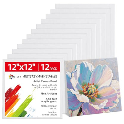 12 x 12 inch 12 Pack Painting Canvas Boards- Gesso Primed | Acid-Free 100% Cotton Canvas Panels for Acrylics Oil Watercolor Tempera Paints - size: 12"x12"