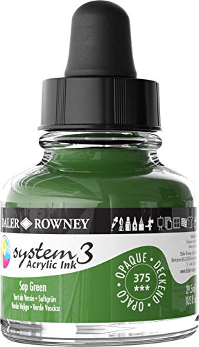Daler-Rowney System3 Acrylic Ink Bottle Sap Green 29.5ml - Versatile Acrylic Ink for Artists and Students - Opaque Calligraphy Ink for Drawing Illustrating Airbrushing Dip Pen Ink and More