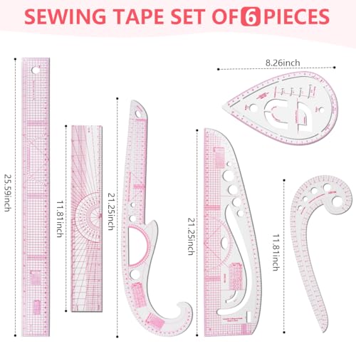 KISEER 6 Pcs Clear Metric Sewing Ruler Set French Curve Pattern Making Ruler Kit for Knitting Tailors Crafting Dress Designers Sewing Beginner Supplies - size: 6 Pcs - Standard