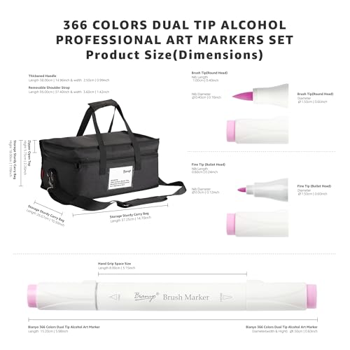 Bianyo 366 Colors Dual Tip Professional Alcohol Markers Set, Brush and Fine Tips for Coloring Illustration Portraits Comics Fashion Architecture, Includes Carry Bag with Shoulder Strap - color: 366 Colors + 3 Extra Black Markers + 3 Colorless Blenders - B