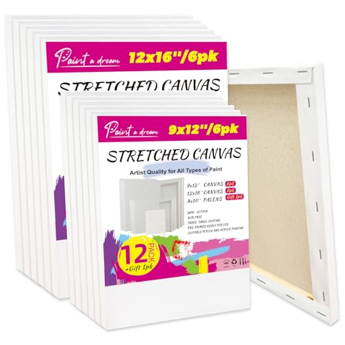 12Pack Stretched Canvas for Painting, 9x12 & 12x16 (6 Each), 5/8" Profile Thick Wood Frame,100% Cotton, Acid-Free, 12 oz Primed Canvas for Acrylic & Oil Paint, Ideal for Stress Relief & Home Décor - size: 12pk-9x12/12x16 inch