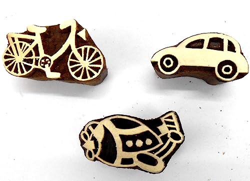 Car Bicycle Plane Wooden Blocks Stamps for Printing on Textiles, Pottery Crafts,Henna, Scrapbooking (Set of 3) - size: Pack # 108