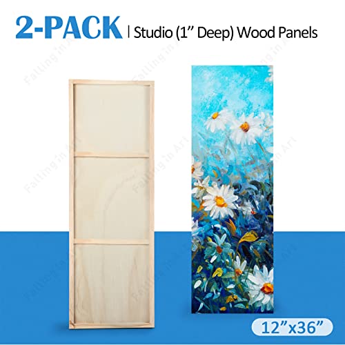 Falling in Art 2 Pack 12x36 Unfinished Birch Wood Panels Kit for Painting | Studio 1’’ Deep Wood Canvas, Cradle Boards for Acrylic Pouring, Art, Crafts, Epoxy Resin, Laser Engraving Cutting - size: 12'' x 36''
