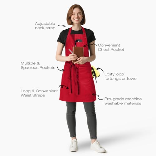 Unisex Apron with Pockets for Cooking, Salon & Art - 100% Cotton Adult Kitchen, Chef, Stylist Apron (Red) - color: Red