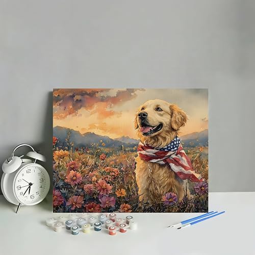 HULDFRDA Paint by Numbers Kit for Adults on Canvas, A Golden Retriever Draped in the American Flag Painting by Numbers, Dog Paint by Number Kits for Home Wall Decor, 16 x20 Inch - color: Color-4